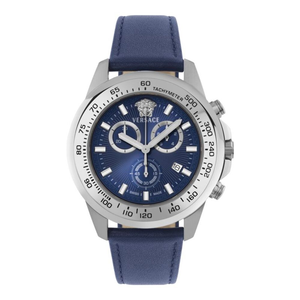 Versace Greca Action Chrono Leather Watch Silver Mens
